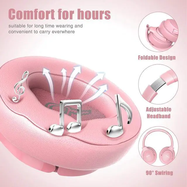 Alt view image 4 of 7 - Bluetooth Wireless Headphones Over Ear,65H Playtime and 6 EQ Music Modes with Microphone, HiFi Stereo Foldable Lightweight Headset, Deep Bass for Home Office Cellphone PC Etc.(Pink)