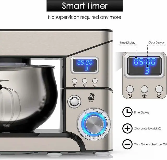 Alt view image 6 of 7 - Stand Mixer, Stainless Steel Mixer 5.3-QT LCD Display Food Mixer, 6+P Speed itchen Electric Mixer Tilt-Head Mixer with Stainless Steel Bowl, Dough Hook, Beater, Whisk