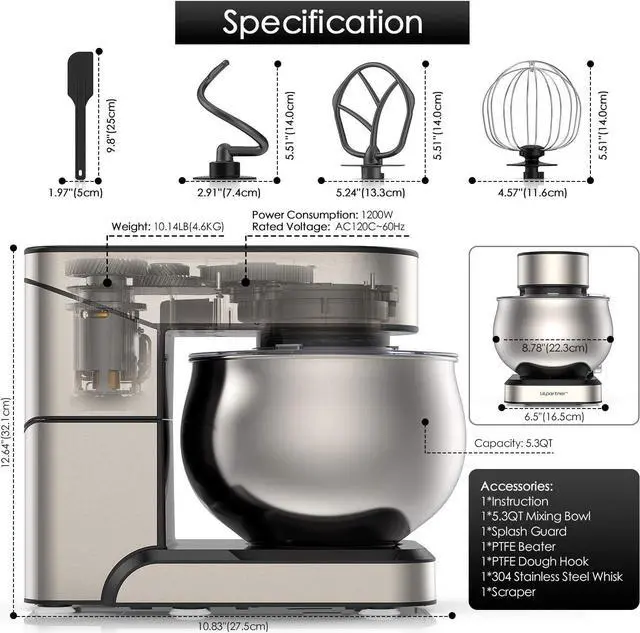 Alt view image 3 of 7 - Stand Mixer, Stainless Steel Mixer 5.3-QT LCD Display Food Mixer, 6+P Speed itchen Electric Mixer Tilt-Head Mixer with Stainless Steel Bowl, Dough Hook, Beater, Whisk