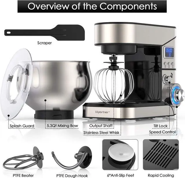 Alt view image 2 of 7 - Stand Mixer, Stainless Steel Mixer 5.3-QT LCD Display Food Mixer, 6+P Speed itchen Electric Mixer Tilt-Head Mixer with Stainless Steel Bowl, Dough Hook, Beater, Whisk