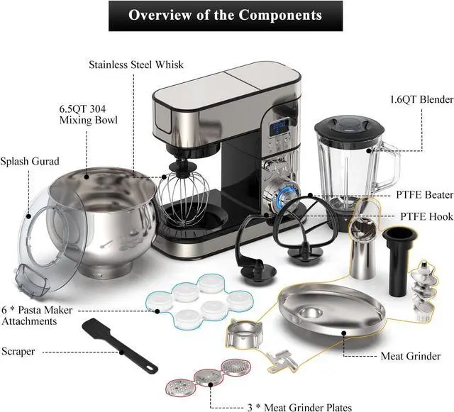 Alt view image 2 of 7 - 6-IN-1 Stand Mixer, LCD Display Kitchen Electric Mixer, 6.5QT Stainless Steel Bowl Mixer, Multi-Function Kitchen Mixer With Dough Hook, Whisk, Beater, Meat Grinder, Blender, Splash Guard