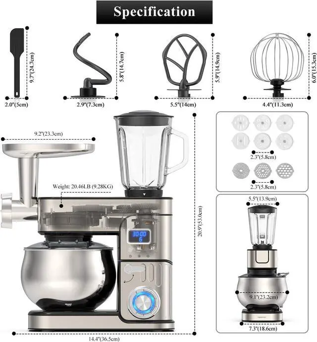 Alt view image 3 of 7 - 6-IN-1 Stand Mixer, LCD Display Kitchen Electric Mixer, 6.5QT Stainless Steel Bowl Mixer, Multi-Function Kitchen Mixer With Dough Hook, Whisk, Beater, Meat Grinder, Blender, Splash Guard