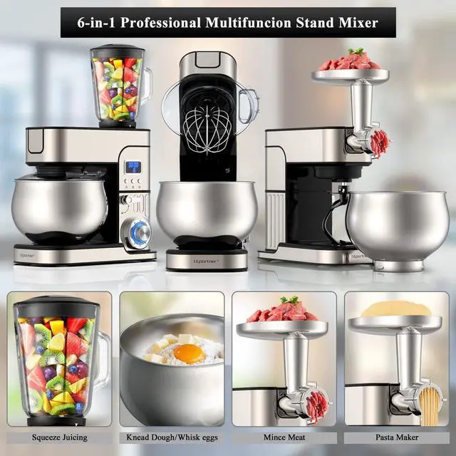 Alt view image 5 of 7 - 6-IN-1 Stand Mixer, LCD Display Kitchen Electric Mixer, 6.5QT Stainless Steel Bowl Mixer, Multi-Function Kitchen Mixer With Dough Hook, Whisk, Beater, Meat Grinder, Blender, Splash Guard