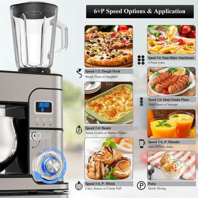 Alt view image 4 of 7 - 6-IN-1 Stand Mixer, LCD Display Kitchen Electric Mixer, 6.5QT Stainless Steel Bowl Mixer, Multi-Function Kitchen Mixer With Dough Hook, Whisk, Beater, Meat Grinder, Blender, Splash Guard
