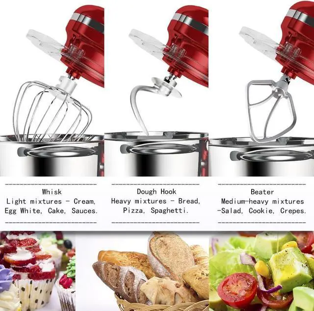 Alt view image 6 of 6 - Stand Mixer,6.5-QT 660W 6-Speed Tilt-Head Food Mixer, Kitchen Electric Mixer with Dough Hook, Wire Whip & Beater 2 Layer Red Painting (6.5QT, Red)