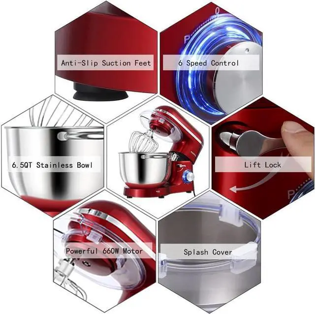 Alt view image 3 of 6 - Stand Mixer,6.5-QT 660W 6-Speed Tilt-Head Food Mixer, Kitchen Electric Mixer with Dough Hook, Wire Whip & Beater 2 Layer Red Painting (6.5QT, Red)