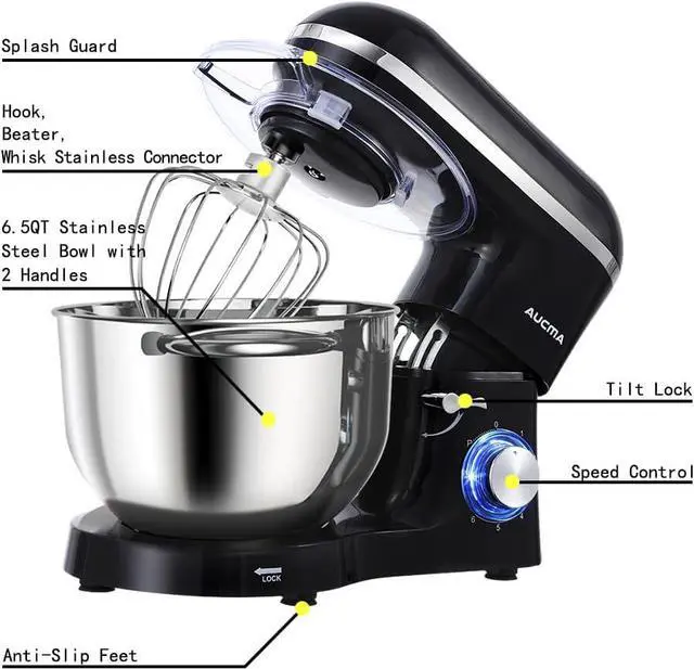 Alt view image 2 of 7 - Stand Mixer,6.5-QT 660W 6-Speed Tilt-Head Food Mixer, Kitchen Electric Mixer with Dough Hook, Wire Whip & Beater (6.5QT, Black)