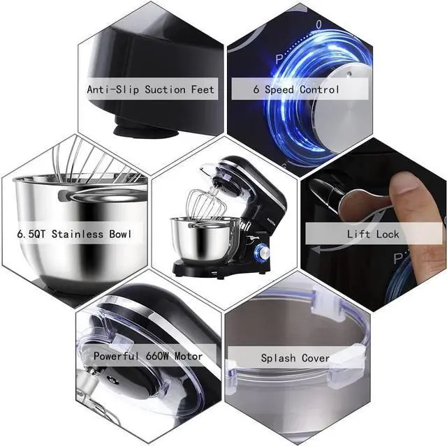 Alt view image 3 of 7 - Stand Mixer,6.5-QT 660W 6-Speed Tilt-Head Food Mixer, Kitchen Electric Mixer with Dough Hook, Wire Whip & Beater (6.5QT, Black)