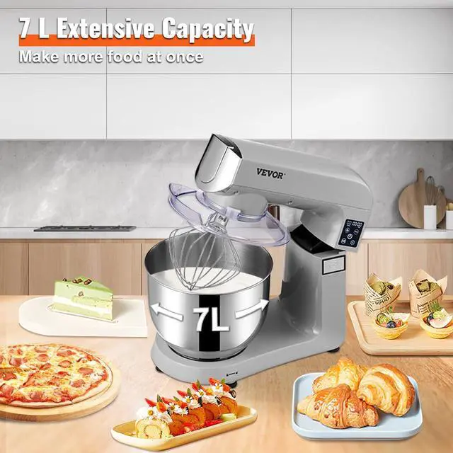 Alt view image 6 of 7 - 6 IN 1 Stand Mixer, 450W Tilt-Head Multifunctional Electric Mixer with 6 Speeds LCD Screen Timing, 7.4Qt Stainless Bowl, Dough Hook, Flat Beater, Whisk, Scraper, Grinder, Stuffer, Slicer - Gray