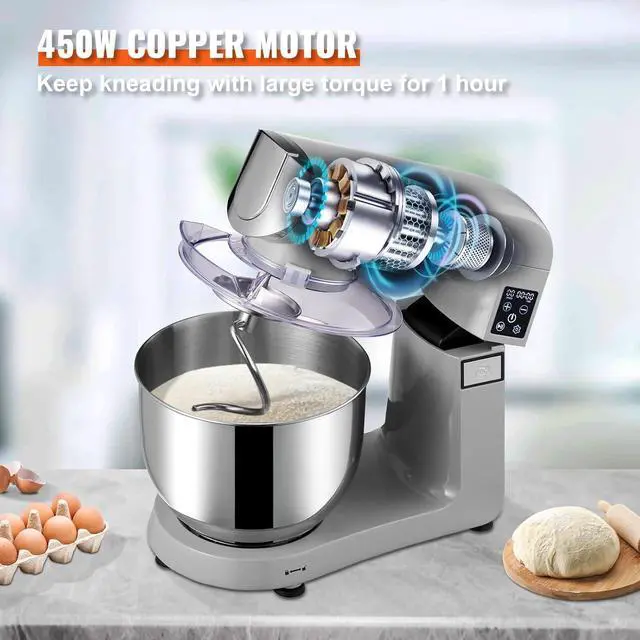 Alt view image 5 of 7 - 6 IN 1 Stand Mixer, 450W Tilt-Head Multifunctional Electric Mixer with 6 Speeds LCD Screen Timing, 7.4Qt Stainless Bowl, Dough Hook, Flat Beater, Whisk, Scraper, Grinder, Stuffer, Slicer - Gray