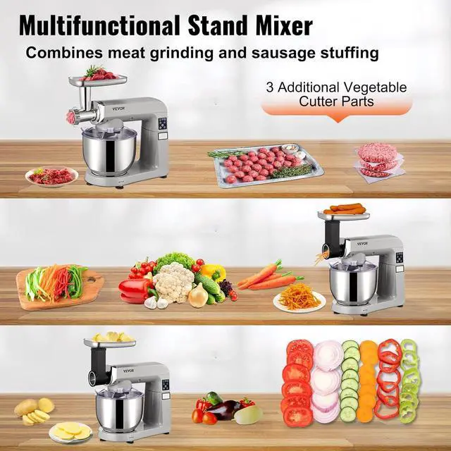 Alt view image 4 of 7 - 6 IN 1 Stand Mixer, 450W Tilt-Head Multifunctional Electric Mixer with 6 Speeds LCD Screen Timing, 7.4Qt Stainless Bowl, Dough Hook, Flat Beater, Whisk, Scraper, Grinder, Stuffer, Slicer - Gray