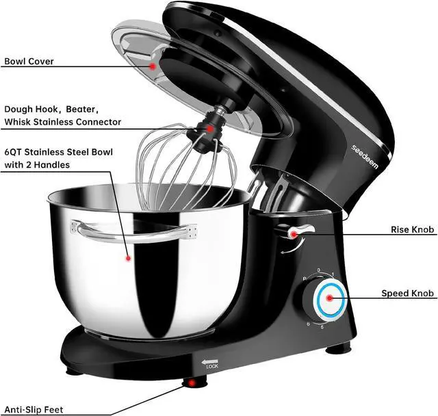 Alt view image 3 of 7 - Stand Mixer, 6Qt Electric Food Mixer, 660W 6-Speeds Tilt-Head Dough Mixers with Dishwasher-Safe Dough Hook, Wire Whip & Beater for Daily Use, Black
