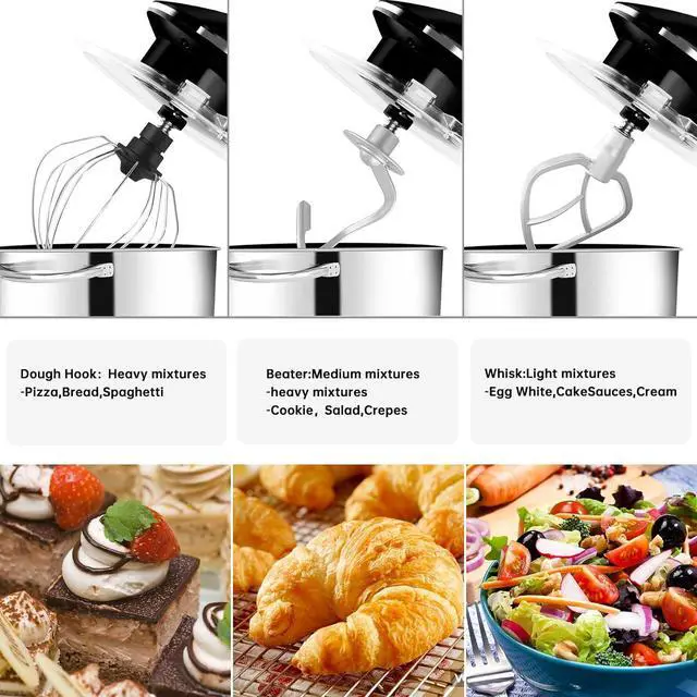 Alt view image 4 of 7 - Stand Mixer, 6Qt Electric Food Mixer, 660W 6-Speeds Tilt-Head Dough Mixers with Dishwasher-Safe Dough Hook, Wire Whip & Beater for Daily Use, Black