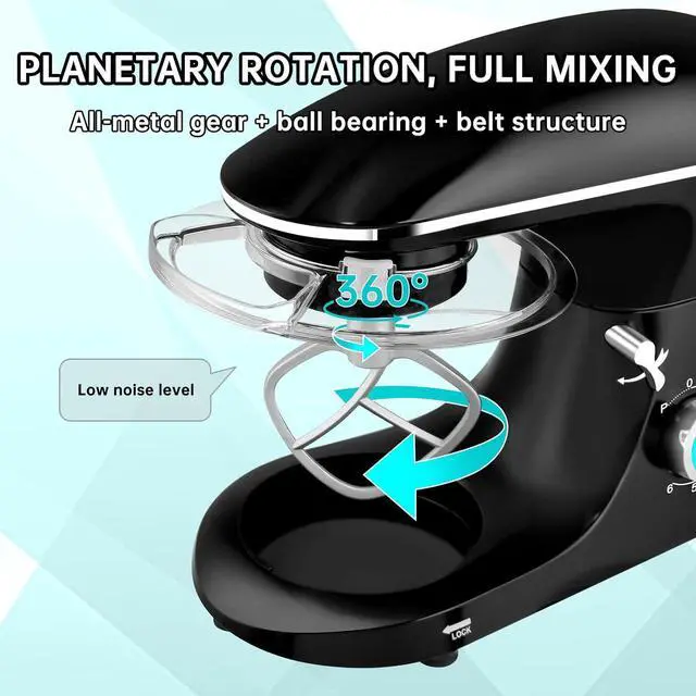 Alt view image 7 of 7 - Stand Mixer, 6Qt Electric Food Mixer, 660W 6-Speeds Tilt-Head Dough Mixers with Dishwasher-Safe Dough Hook, Wire Whip & Beater for Daily Use, Black