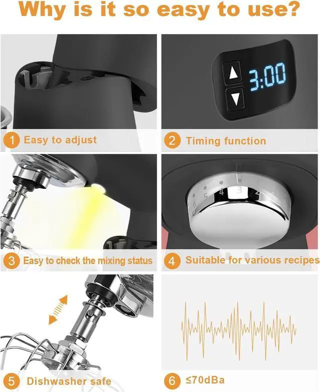 Alt view image 3 of 7 - Mixers Kitchen Electric Stand Mixer, Aluminum die casting and Gears, 1 Hour Continuous Operation, Dual Cooling System, Low Noise DC Motor, LED Display and Timing Function, 600W 5.5QT, Food Grade