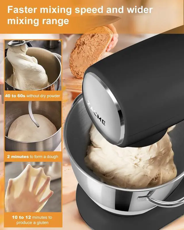 Alt view image 5 of 7 - Mixers Kitchen Electric Stand Mixer, Aluminum die casting and Gears, 1 Hour Continuous Operation, Dual Cooling System, Low Noise DC Motor, LED Display and Timing Function, 600W 5.5QT, Food Grade