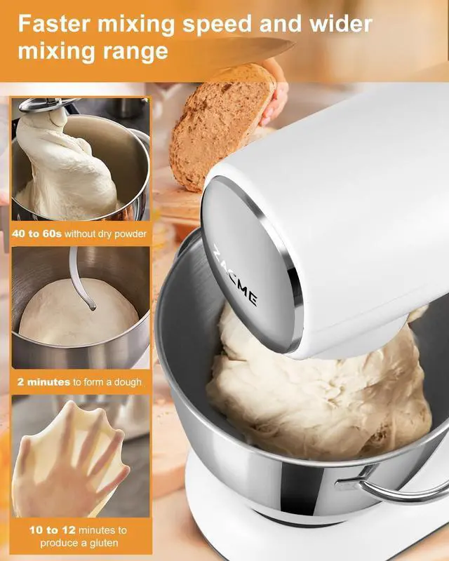 Alt view image 5 of 7 - Mixers Kitchen Electric Stand Mixer, Aluminum die casting and Gears, 1 Hour Continuous Operation, Dual Cooling System, Low Noise DC Motor, LED Display and Timing Function, 600W 5.5QT, Food Grade