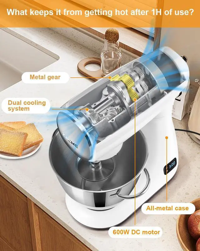 Alt view image 2 of 7 - Mixers Kitchen Electric Stand Mixer, Aluminum die casting and Gears, 1 Hour Continuous Operation, Dual Cooling System, Low Noise DC Motor, LED Display and Timing Function, 600W 5.5QT, Food Grade