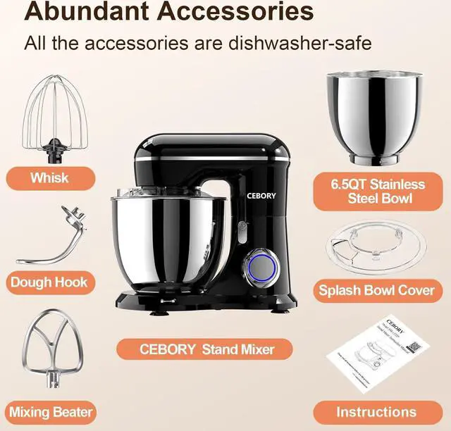Alt view image 2 of 6 - 3-IN-1 Electric Stand Mixer, 6.5QT Bowl 660W 10-Speed Kitchen Mixer, Household Food Mixers include Dough Hook, Beater and Whisk, Bread Cake Mixer for Baking and Most Home Cooks, Black
