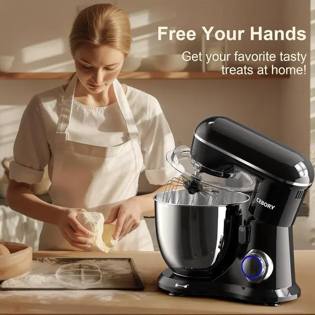 Alt view image 6 of 6 - 3-IN-1 Electric Stand Mixer, 6.5QT Bowl 660W 10-Speed Kitchen Mixer, Household Food Mixers include Dough Hook, Beater and Whisk, Bread Cake Mixer for Baking and Most Home Cooks, Black