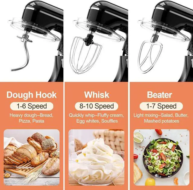 Alt view image 3 of 6 - 3-IN-1 Electric Stand Mixer, 6.5QT Bowl 660W 10-Speed Kitchen Mixer, Household Food Mixers include Dough Hook, Beater and Whisk, Bread Cake Mixer for Baking and Most Home Cooks, Black