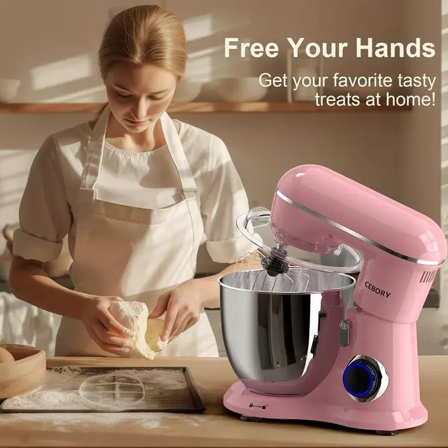 Alt view image 6 of 6 - 3-IN-1 Electric Stand Mixer, 6.5QT Bowl 660W 10-Speed Kitchen Mixer, Household Food Mixers include Dough Hook, Beater and Whisk, Bread Cake Mixer for Baking and Most Home Cooks, Pink