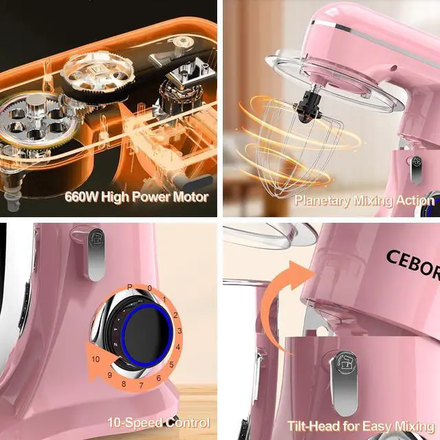 Alt view image 4 of 6 - 3-IN-1 Electric Stand Mixer, 6.5QT Bowl 660W 10-Speed Kitchen Mixer, Household Food Mixers include Dough Hook, Beater and Whisk, Bread Cake Mixer for Baking and Most Home Cooks, Pink