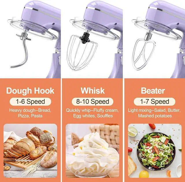 Alt view image 3 of 6 - 3-IN-1 Electric Stand Mixer, 6.5QT Bowl 660W 10-Speed Kitchen Mixer, Household Food Mixers include Dough Hook, Beater and Whisk, Bread Cake Mixer for Baking and Most Home Cooks, Purple