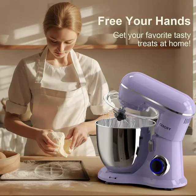 Alt view image 6 of 6 - 3-IN-1 Electric Stand Mixer, 6.5QT Bowl 660W 10-Speed Kitchen Mixer, Household Food Mixers include Dough Hook, Beater and Whisk, Bread Cake Mixer for Baking and Most Home Cooks, Purple