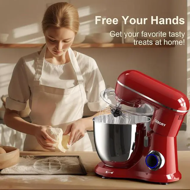 Alt view image 6 of 6 - 3-IN-1 Electric Stand Mixer, 6.5QT Bowl 660W 10-Speed Kitchen Mixer, Household Food Mixers include Dough Hook, Beater and Whisk, Bread Cake Mixer for Baking and Most Home Cooks, Red