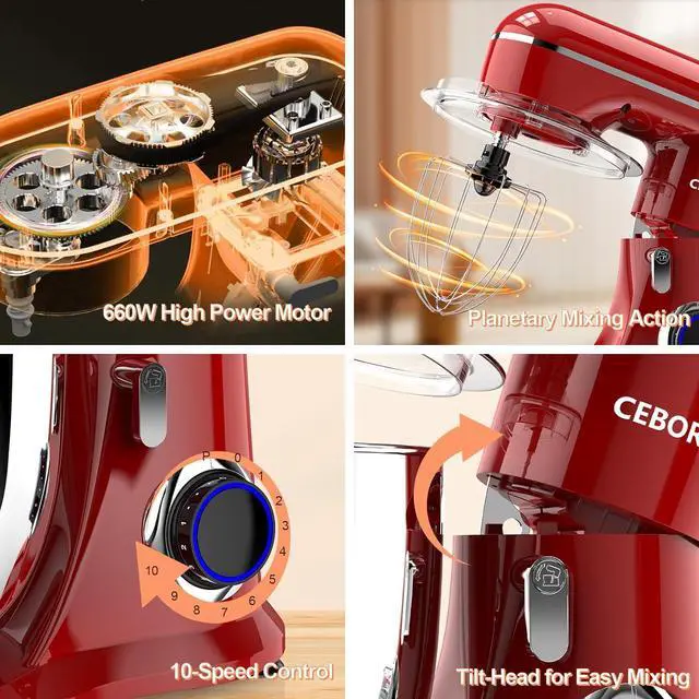 Alt view image 4 of 6 - 3-IN-1 Electric Stand Mixer, 6.5QT Bowl 660W 10-Speed Kitchen Mixer, Household Food Mixers include Dough Hook, Beater and Whisk, Bread Cake Mixer for Baking and Most Home Cooks, Red