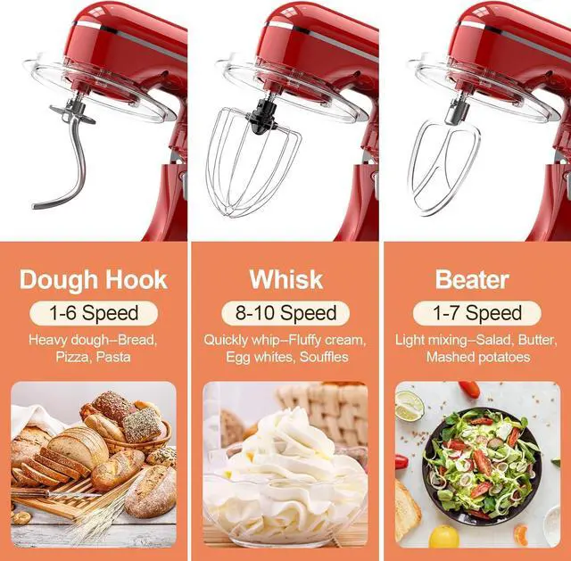 Alt view image 3 of 6 - 3-IN-1 Electric Stand Mixer, 6.5QT Bowl 660W 10-Speed Kitchen Mixer, Household Food Mixers include Dough Hook, Beater and Whisk, Bread Cake Mixer for Baking and Most Home Cooks, Red