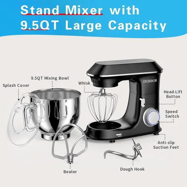 Alt view image 6 of 7 - Electric Stand mixer, 9.5QT 660W 7 Speeds Tilt-Head Dough Mixers, Bread Mixer with Dough Hook, Whisk, Beater, Splash Guard for Baking Bread, Cake, Cookie, Pizza, Muffin, Salad and More - Black
