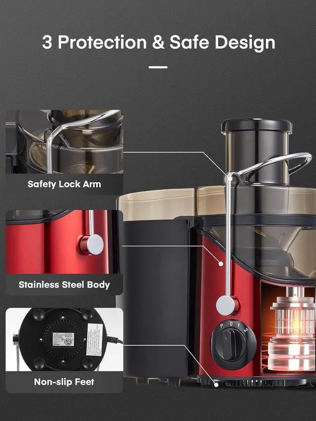 Alt view image 4 of 7 - Juicer Machines,  3" Wide Mouth Juicer Extractor Max Power 800W, for Vegetable and Fruit with 3-Speed Setting, 400W Motor, Easy to Clean, Bright Red