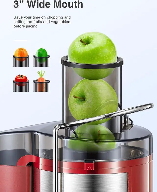 Alt view image 2 of 7 - Juicer Machine, 500W Centrifugal Juicer Extractor with Wide Mouth 3 Feed Chute for Fruit Vegetable, Easy to Clean, Stainless Steel, BPA-free (Red)