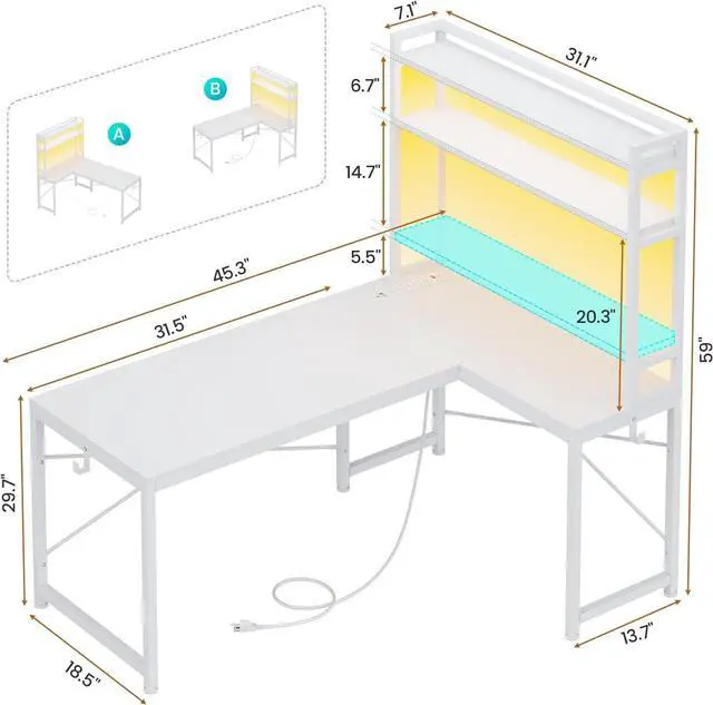 Alt view image 2 of 7 - White Corner Desk, Reversible 45.3 Small Computer Desk with Power Outlet and LED Lights, Corner Computer Desk with Hutch, Storage Shelves and Hooks for Small Space