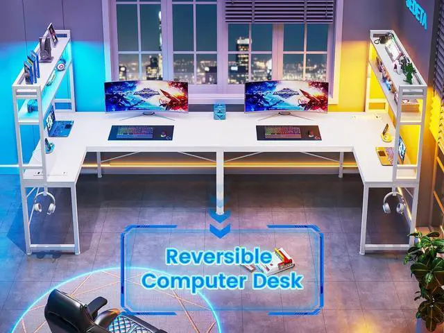 Alt view image 3 of 7 - White Corner Desk, Reversible 45.3 Small Computer Desk with Power Outlet and LED Lights, Corner Computer Desk with Hutch, Storage Shelves and Hooks for Small Space
