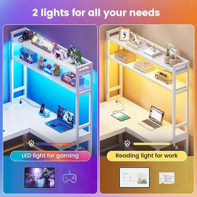 Alt view image 5 of 7 - White Corner Desk, Reversible 45.3 Small Computer Desk with Power Outlet and LED Lights, Corner Computer Desk with Hutch, Storage Shelves and Hooks for Small Space