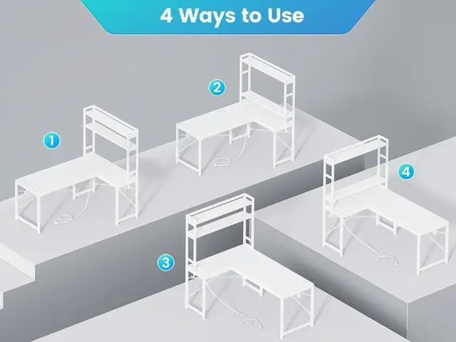 Alt view image 7 of 7 - White Corner Desk, Reversible 45.3 Small Computer Desk with Power Outlet and LED Lights, Corner Computer Desk with Hutch, Storage Shelves and Hooks for Small Space