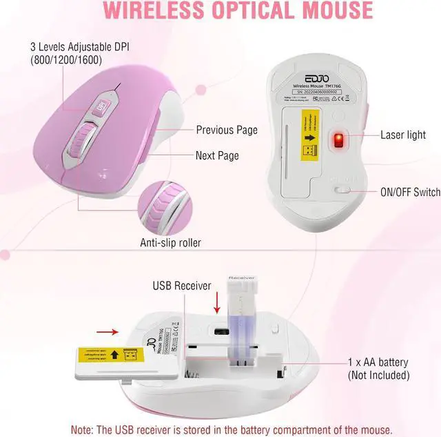 Alt view image 4 of 7 - Wireless Keyboard and Mouse Combo, 2.4G Full-Sized Ergonomic Computer Keyboard with Wrist Rest and 3 Level DPI Adjustable Wireless Mouse for Windows, Mac OS Desktop/Laptop/PC(/PINK/White)