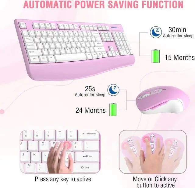 Alt view image 2 of 7 - Wireless Keyboard and Mouse Combo, 2.4G Full-Sized Ergonomic Computer Keyboard with Wrist Rest and 3 Level DPI Adjustable Wireless Mouse for Windows, Mac OS Desktop/Laptop/PC(/PINK/White)