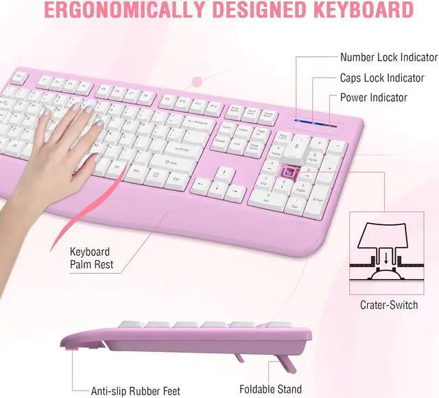 Alt view image 3 of 7 - Wireless Keyboard and Mouse Combo, 2.4G Full-Sized Ergonomic Computer Keyboard with Wrist Rest and 3 Level DPI Adjustable Wireless Mouse for Windows, Mac OS Desktop/Laptop/PC(/PINK/White)