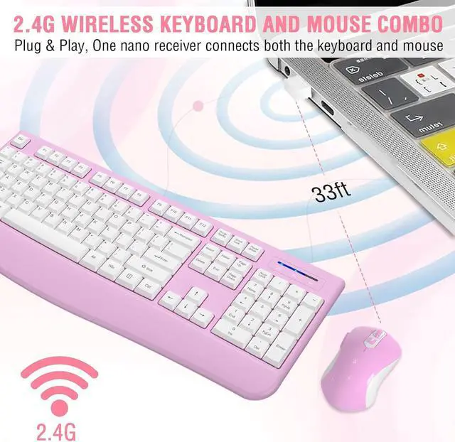 Alt view image 5 of 7 - Wireless Keyboard and Mouse Combo, 2.4G Full-Sized Ergonomic Computer Keyboard with Wrist Rest and 3 Level DPI Adjustable Wireless Mouse for Windows, Mac OS Desktop/Laptop/PC(/PINK/White)