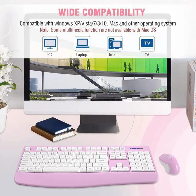 Alt view image 7 of 7 - Wireless Keyboard and Mouse Combo, 2.4G Full-Sized Ergonomic Computer Keyboard with Wrist Rest and 3 Level DPI Adjustable Wireless Mouse for Windows, Mac OS Desktop/Laptop/PC(/PINK/White)