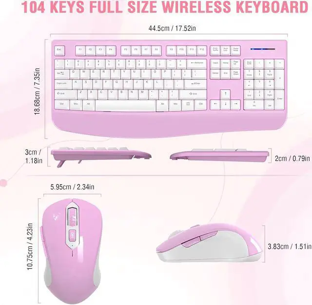 Alt view image 6 of 7 - Wireless Keyboard and Mouse Combo, 2.4G Full-Sized Ergonomic Computer Keyboard with Wrist Rest and 3 Level DPI Adjustable Wireless Mouse for Windows, Mac OS Desktop/Laptop/PC(/PINK/White)