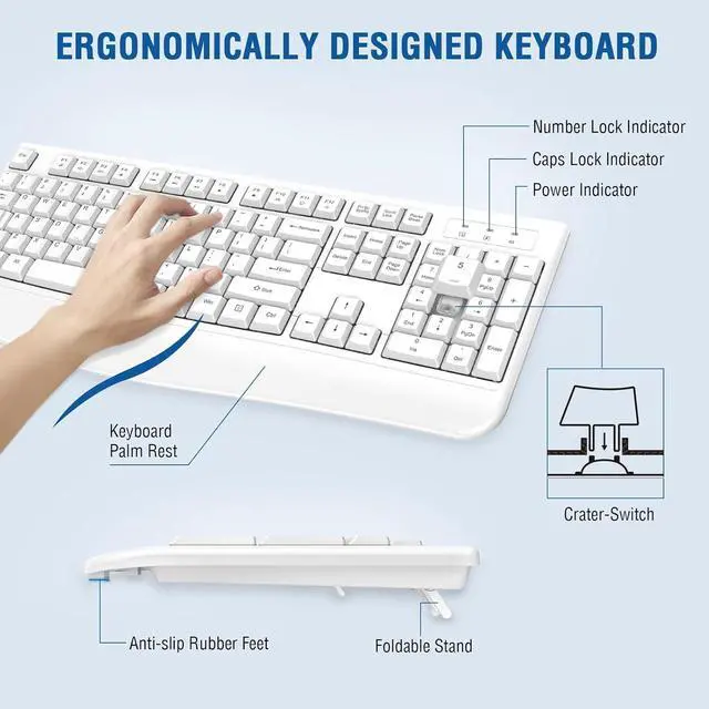 Alt view image 3 of 7 - Wireless Keyboard and Mouse Combo, Full-Sized Ergonomic Computer Keyboard with Wrist Rest and 3 Level DPI Adjustable Wireless Mouse for Windows, Mac OS Desktop/Laptop/PC (White)