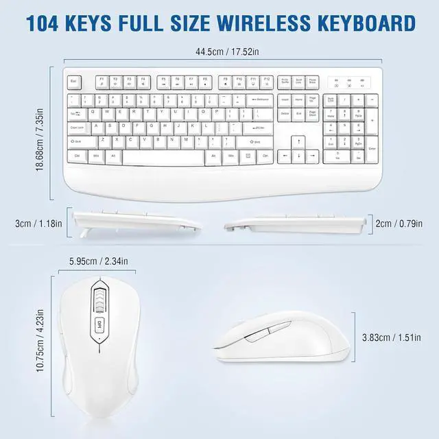 Alt view image 2 of 7 - Wireless Keyboard and Mouse Combo, Full-Sized Ergonomic Computer Keyboard with Wrist Rest and 3 Level DPI Adjustable Wireless Mouse for Windows, Mac OS Desktop/Laptop/PC (White)