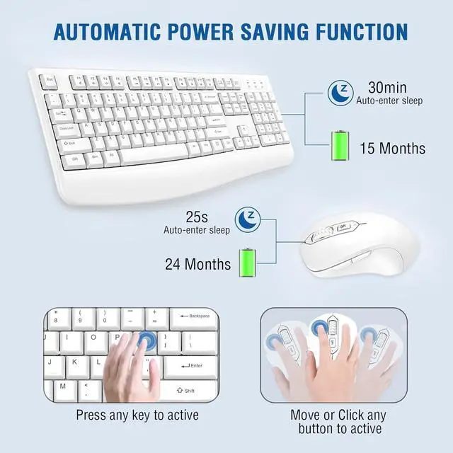 Alt view image 6 of 7 - Wireless Keyboard and Mouse Combo, Full-Sized Ergonomic Computer Keyboard with Wrist Rest and 3 Level DPI Adjustable Wireless Mouse for Windows, Mac OS Desktop/Laptop/PC (White)