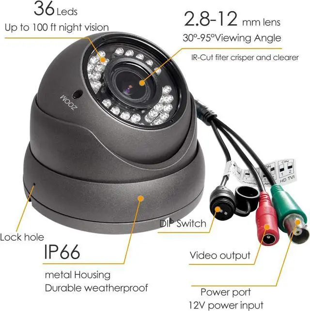 Alt view image 2 of 6 - Analog CCTV Camera HD 1080P 4-in-1 (TVI/AHD/CVI/CVBS) Security Dome Camera Outdoor, 2.8mm-12mm Manual Focus/Zoom Varifocal Lens, Weatherproof Metal Housing 36 IR-LEDs Day & Night Monitoring (Gray)