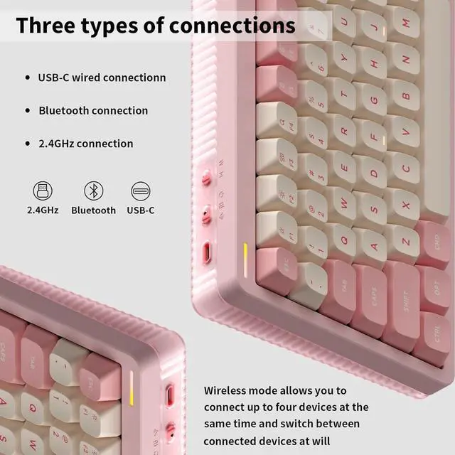 Alt view image 3 of 6 - NUPHY Halo96 V2 Wireless Keyboard,Gasket Structure,96% Hot Swappable Gaming Keyboard, 99 Kyes RGB Backlit Mechanical Keyboard, Support QMK/VIA,Bluetooth/USB-C/2.4GHz - Pink,Mint Switches (37gf).